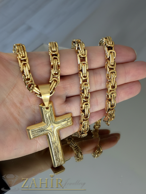 Най-харесвания модел стоманен ланец 60 см, хит плетка, широк 0,7 см с висулка позлатен стоманен кръст с молитва 6 на 4 см, златно покритие - ML1719